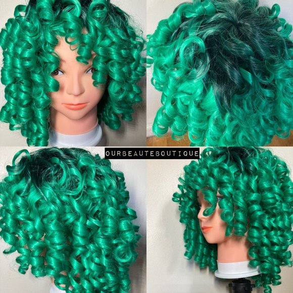 Short Curly Black/Green Wig With Bangs - Picture 2 of 10